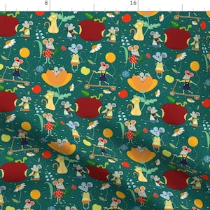 Mouse Floral Children&#39;s Nursery Fabric - Mouses And The Cat By Avisnana - Mouse Grenn Floral Cotton Fabric By The Yard With Spoonflower