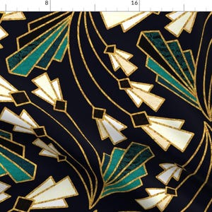Floral Deco Fabric - Art Deco Floral Twist by tigatiga - Geometric Modern Roaring 20s Gatsby Moody Black  Fabric by the Yard by Spoonflower