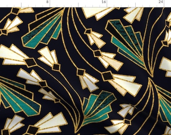 Floral Deco Fabric - Art Deco Floral Twist by tigatiga - Geometric Modern Roaring 20s Gatsby Moody Black  Fabric by the Yard by Spoonflower