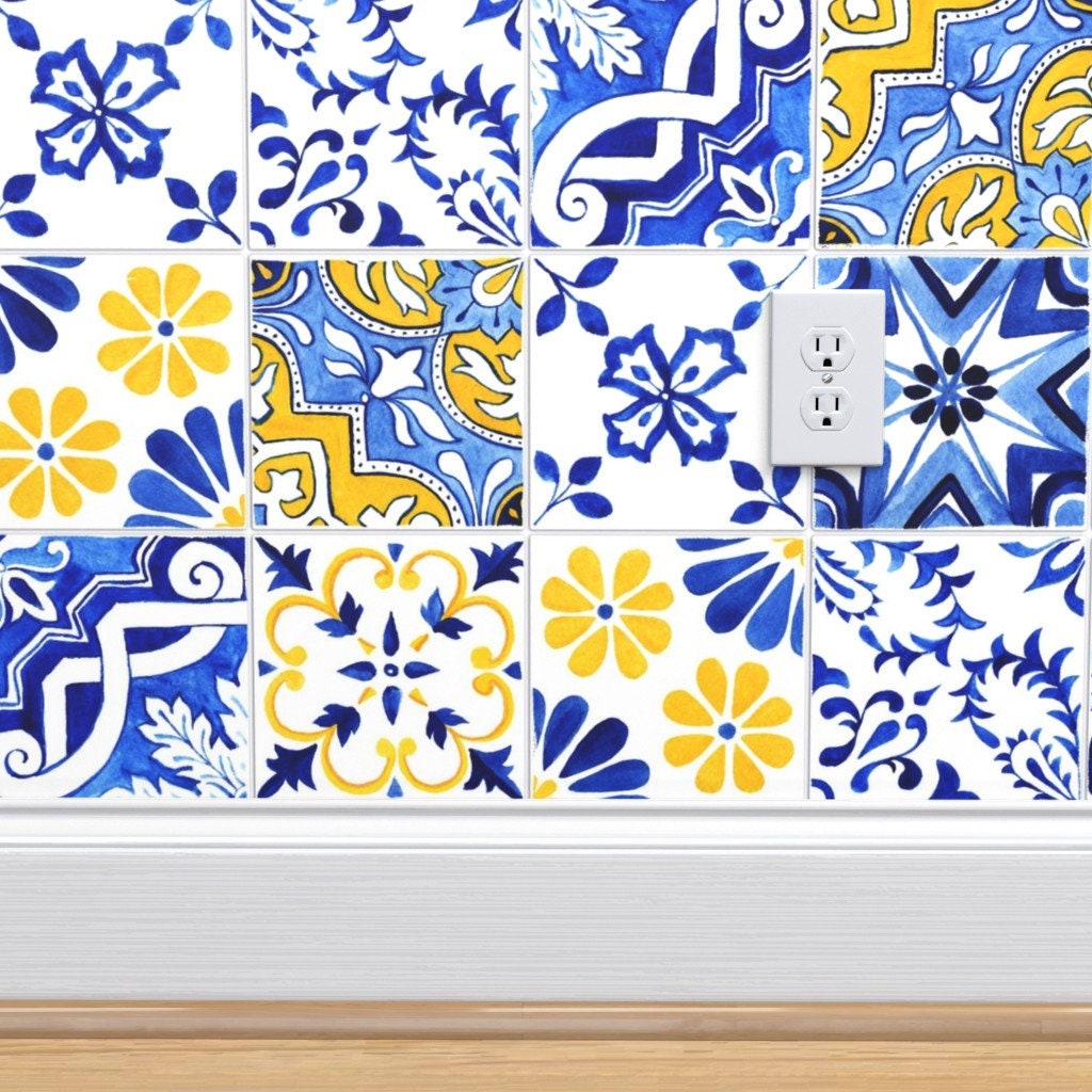 Talavera Wallpaper Detailed Azulejos By Ilonitta Blue | Etsy