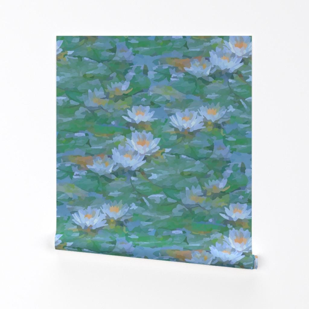 Impressionist Removable Peel and Stick Wallpaper - Lily Pad - Wall Art Wall Decor - Misty Victorian Lotus by yogiyarntailandme