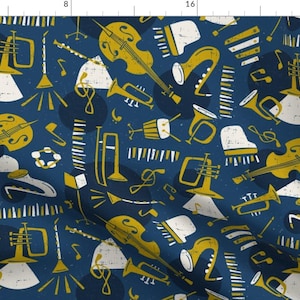 May include: A seamless pattern featuring various musical instruments in yellow and white on a dark blue background. The instruments include a trumpet, trombone, saxophone, violin, and a piano.