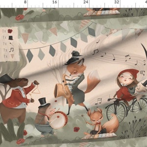 May include: A whimsical illustration of woodland animals playing music in a forest setting. A fox plays a saxophone, a hedgehog plays a drum, a squirrel plays a xylophone, a rabbit plays a triangle, and a little girl in a red hood sings along. The scene is decorated with bunting and musical notes.