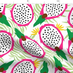 Dragonfruit Tropical Fruit Fabric - Dragonfruit Pitaya White By Daniteal - Dragonfruit Floral Cotton Fabric By The Yard With Spoonflower