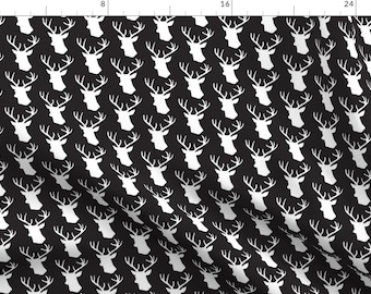 Woodland Stag Fabric - Black And White Stag Deer Head Pattern By Inspirationz - Woodland Deer Cotton Fabric By The Yard With Spoonflower