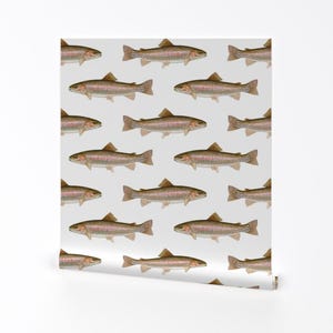 Fishing Wallpaper - Rainbow Trout On White By Weavingmajor - Brown Pink Custom Printed Removable Self Adhesive Wallpaper Roll by Spoonflower