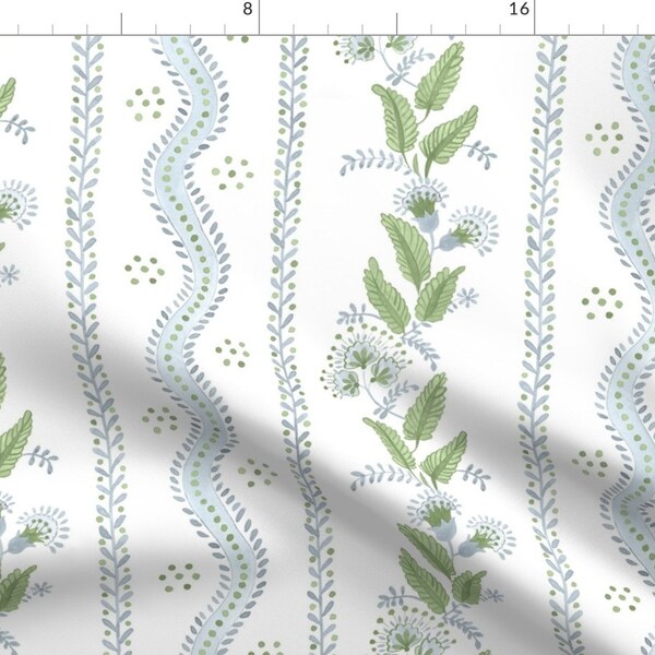 Regency Floral Fabric - Soft Blue And Greens by danika_herrick - Folk Art Style Light Blue Green Leaves  Fabric by the Yard by Spoonflower