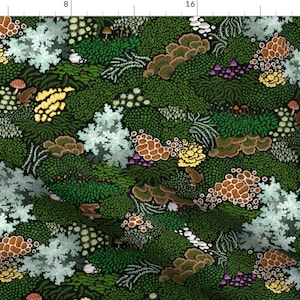 May include: A seamless pattern featuring a variety of mushrooms, lichen, and other forest flora in shades of green, brown, white, and yellow on a black background.