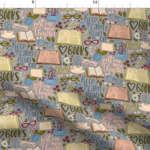 Pastel Books Fabric - Just One More Chapter By New Branch Studio - Gray Pink Reading Literature Cotton Fabric By The Yard With Spoonflower