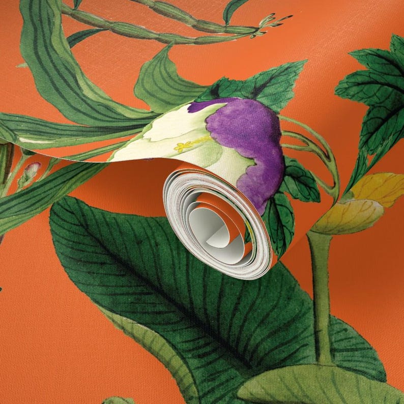 Floral Wallpaper - Vintage Floral Orange By Bruxamagica - Vintage Floral Custom Printed Removable Adhesive Wallpaper Roll by Spoonflower image 3