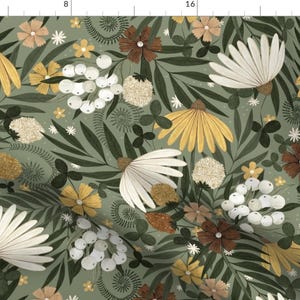 Sage Green Floral Fabric - Wildflowers by hala_kobrynska - Yellow Botanical Garden Bloom Hand Painted Fabric by the Yard by Spoonflower