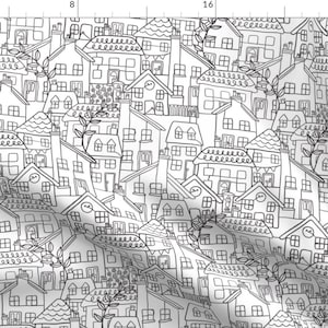 Houses Fabric - Continuous Line Houses By Lauren Faye Peachey - White Black Home City Town Family Cotton Fabric By The Yard With Spoonflower