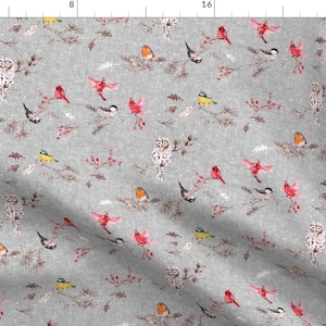 Bird Fabric - Snö Birds (Gray) By Nouveau Bohemian - Birds Snow Trees Linen Texture Red Yellow Cotton Fabric By The Yard With Spoonflower