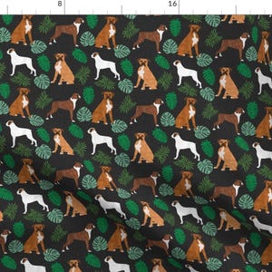 Boxer Fabric - Boxer Monstera Tropical Dog Breed Fabric Dark By Petfriendly - Boxer Tropical Cotton Fabric By The Yard With Spoonflower