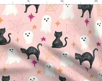 Whimsical Fabric - Little Boo Pink Large by cateandrainn - Cute Halloween Black Cat Ghosties Spiderweb Fabric by the Yard by Spoonflower