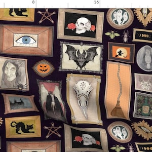 May include: A purple background with a repeating pattern of framed images. The frames are in various shapes and sizes and contain images of skulls, bats, eyes, owls, and other spooky Halloween imagery.