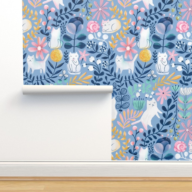 Floral Cats Wallpaper - Spring-Cats By Kostolom3000 - Blue Pink Kids Whimsical Kitten Removable Self Adhesive Wallpaper Roll by Spoonflower image 5