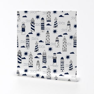 Lighthouse Wallpaper - Navy White Summer Nautical By Andrea Lauren - Custom Printed Removable Self Adhesive Wallpaper Roll by Spoonflower