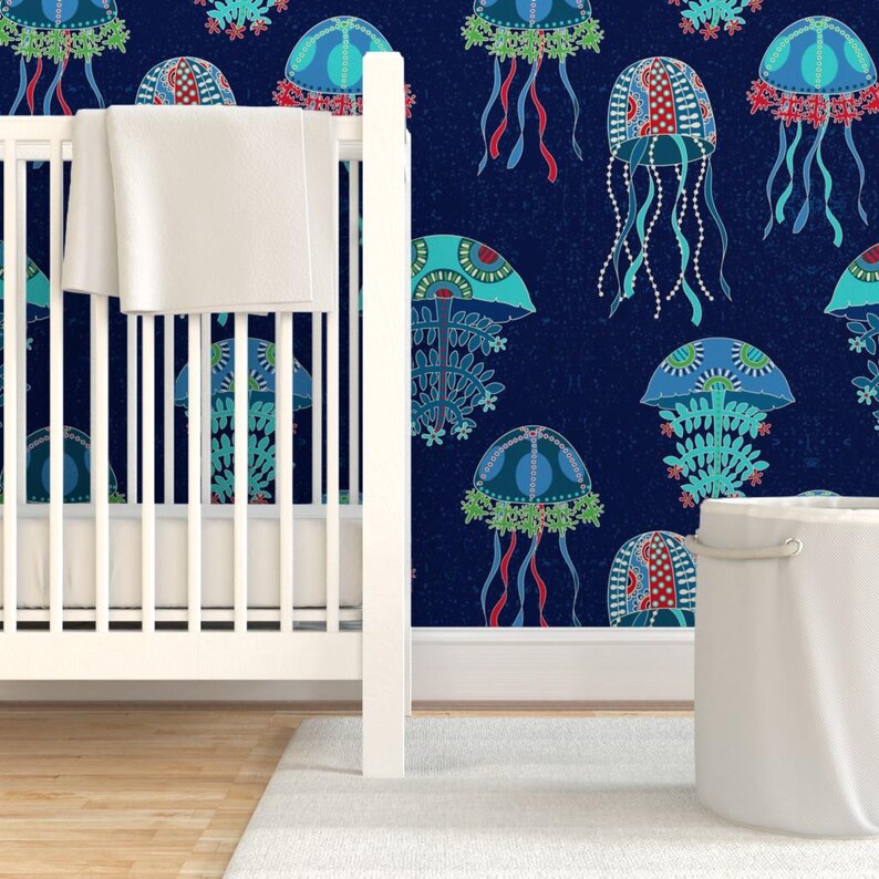 Jellyfish Wallpaper - Jellyfish Jubilee By Shellypenko - Blue Teal Red Custom Printed Removable Self Adhesive Wallpaper Roll by Spoonflower image 6