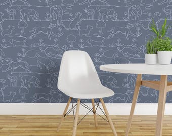Dogs On Gray Peel and Stick Wallpaper - Slate Gray Continuous Line Rescue Pet - Removable Wall Decor Art - Dog Contour by vinpauld
