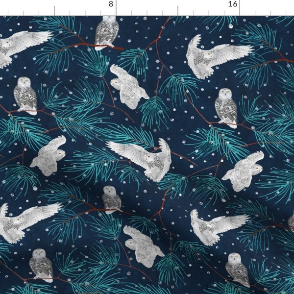 Owl Fabric - Snow Hunting /2/ By Lavish Season - Owl Woodland Forest Trees Snow Winter Green Blue Cotton Fabric By The Yard With Spoonflower