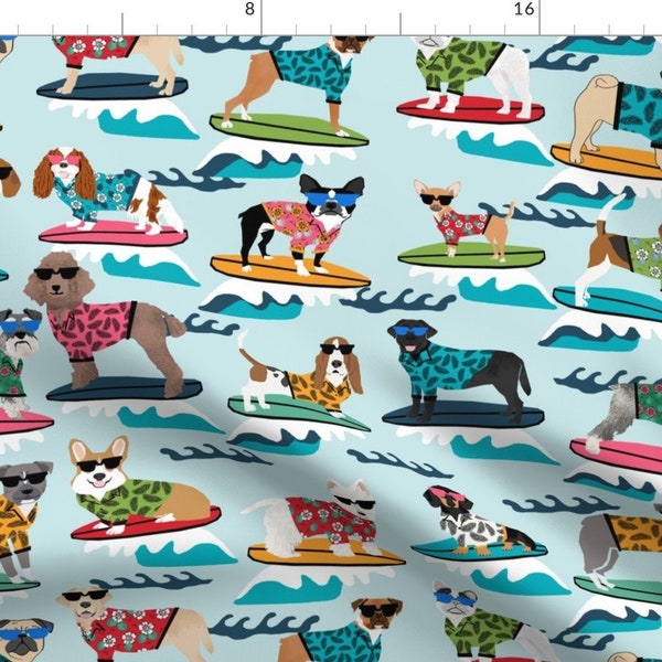 Surf Fabric - Surfing Dogs Labrador Corgi Pitbull Poodle Westie Cute Summer By Petfriendly - Cotton Fabric By The Yard With Spoonflower