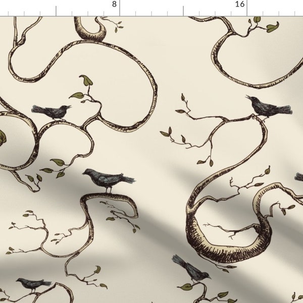 Birds Fabric - Birds Branches Flattened By Danab78 - Birds Crow Creepy Vintage Halloween Decor Cotton Fabric By The Yard With Spoonflower