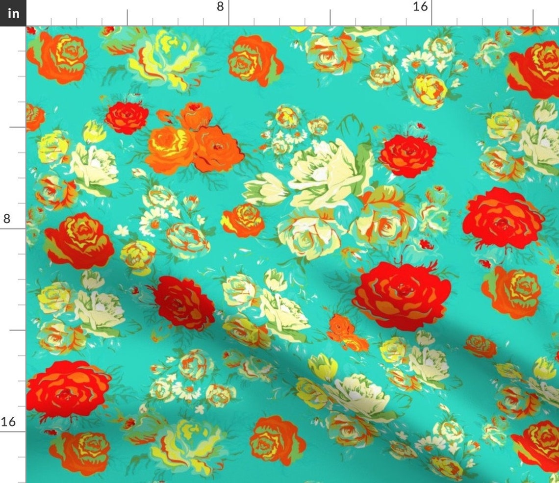 Turquoise Floral Fabric Yellow and Red Roses on Turquoise by - Etsy