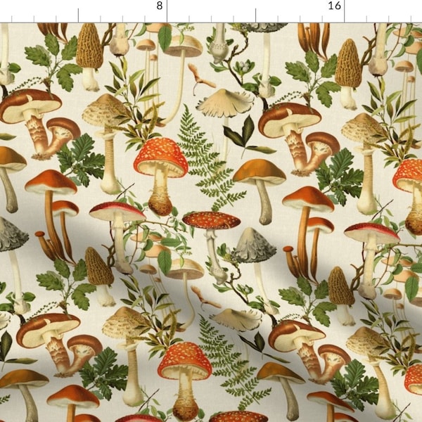 Retro Mushrooms Fabric - Mushroom Forest by fischkandi - Beige Fungus Green Botanical Plants Fabric by the Yard by Spoonflower