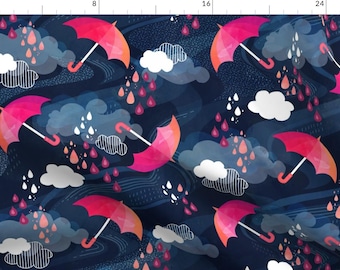 Umbrella Fabric - Rainy Day In Dublin By Adenaj - Navy Pink Weather Umbrella Spring Showers Blue Cotton Fabric By The Yard With Spoonflower