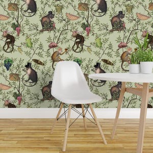 Papel de Parede Adesivo e Descascante - Estilo Chinoiserie Vitoriano com Animais e Folhas Rococó - Decoração de Parede Removível - Festa no Jardim dos Macacos por utart