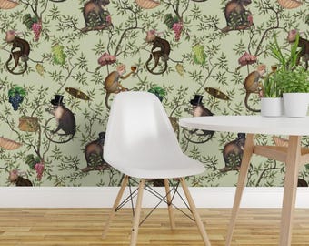 Papel pintado autoadhesivo caprichoso - Chinoiserie victoriano animales hojas rococó - Decoración de pared removible - Fiesta en el jardín de monos de utart