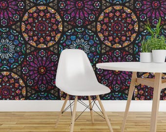 Stained Glass Wallpaper - Stained Glass Rose Windows By Sammyk - Rose Custom Printed Removable Self Adhesive Wallpaper Roll by Spoonflower