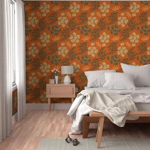 Orange Floral Removable Peel and Stick Wallpaper - Vintage Botanical ...