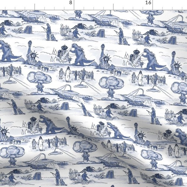 War Toile Fabric - Cold War Apocalypse Toile - Small By Elramsay - Toile Navy Blue White History Cotton Fabric By The Yard With Spoonflower