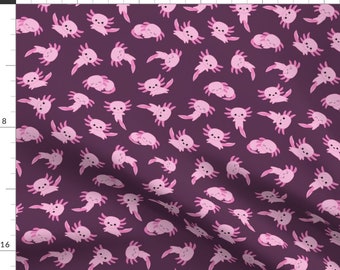 Axolotl on Purple Fabric - Kawaii Pink Axolotl M By Kate Black - Colorful Cute Axolotl Salamander Cotton Fabric By The Yard With Spoonflower