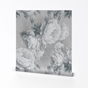 Romantic Gray Floral Removable Peel and Stick Wallpaper - Monochrome Elegant - Wall Art Wall Decor - Large Grey Peonies by digitalarsiart