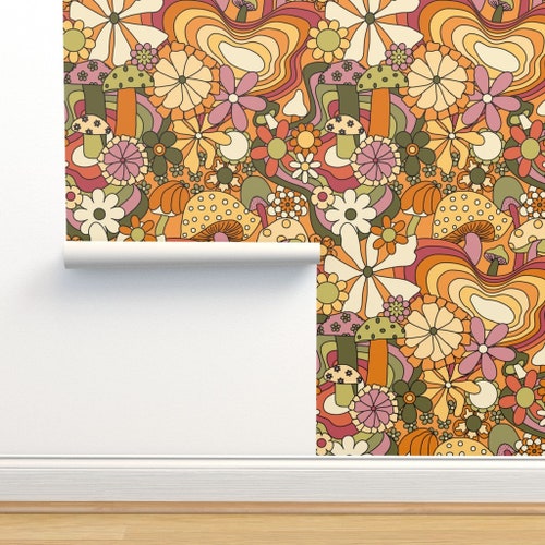 Orange Floral Peel and Stick Wallpaper / 70s Removable - Etsy