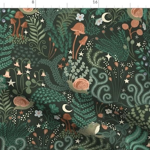Fairy Tale Forest Fabric - Moonlit Mosses by rebelform - Frog Snail Green Fern Magic Scandinavian Moon Fabric by the Yard by Spoonflower