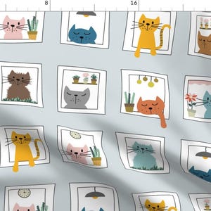 Abstract Colorful Cat Portraits Fabric - Cats In The Window By Twigged - Cats Museum Pets Cotton Fabric By The Yard With Spoonflower