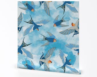 Papel de parede de andorinhas - O céu é o limite por Sassiniemand - Andorinhas Pássaros Natureza Azul Rolo de papel de parede autoadesivo removível por Spoonflower