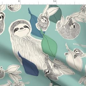 Sloths Fabric - Large Scale Sloths On Turquoise By Juliaschumacher - Sloths Blue Leaves Cotton Fabric By The Yard With Spoonflower