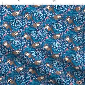 Blue Botanical Sloth Fabric - Baby Sloth By Nagorerodriguezdesign - Sloth Animal Nursery Pattern Cotton Fabric By The Yard With Spoonflower