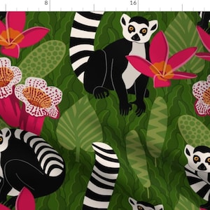 Lemur Tropical Flowers Fabric - Madagascar Ringtail Lemur Animal Pattern By Dessineo - Lemur Cotton Fabric By The Yard With Spoonflower