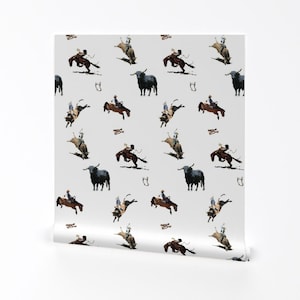 Western Rodeo Removable Peel and Stick Wallpaper - Cowboy Bull Rodeo Bronco Watercolor - Wall Art Wall Decor - Bulls & Broncs by redmares