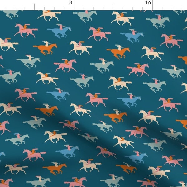 Horses Fabric - Naked Derby Blue By Tasiania - Lady Horseback Rider Teal Pink Blue Cotton Fabric By The Yard With Spoonflower