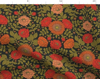Vintage Garden Fabric - Botanical Pattern by somecallmebeth - Green Red Orange Victorian Floral Fabric by the Yard by Spoonflower