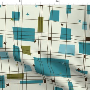 50s Fabric - Mid-Century Modern - Grid Stars (Teal) By Studiofibonacci - 50s Cotton Fabric By The Yard With Spoonflower