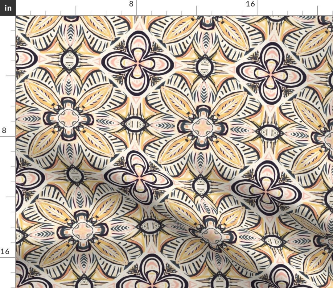 Symmetrical Floral Abric Mustard, Cream and Dark Boho Gypsy Tiles by