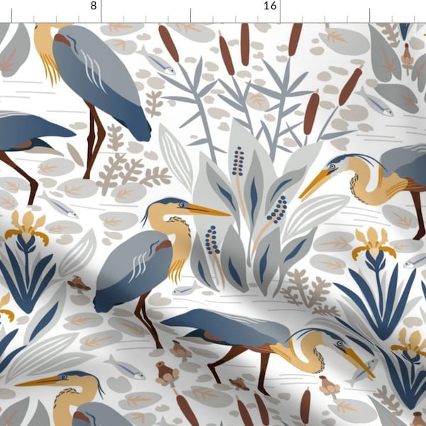 Blue Heron Fabric - Fishing Heron And Irises. By Boszorka - Elegant Neutral Birds Gray Mustard Cotton Fabric By The Yard With Spoonflower